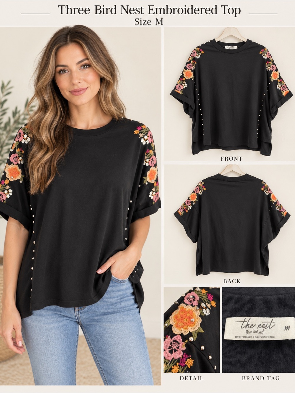 Three Bird Nest Black Short Sleeve Top with Floral Embroidered Sleeves
